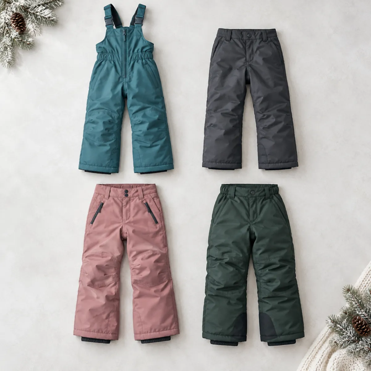 Four pairs of kids snow pants and bibs in different colours arranged in a grid