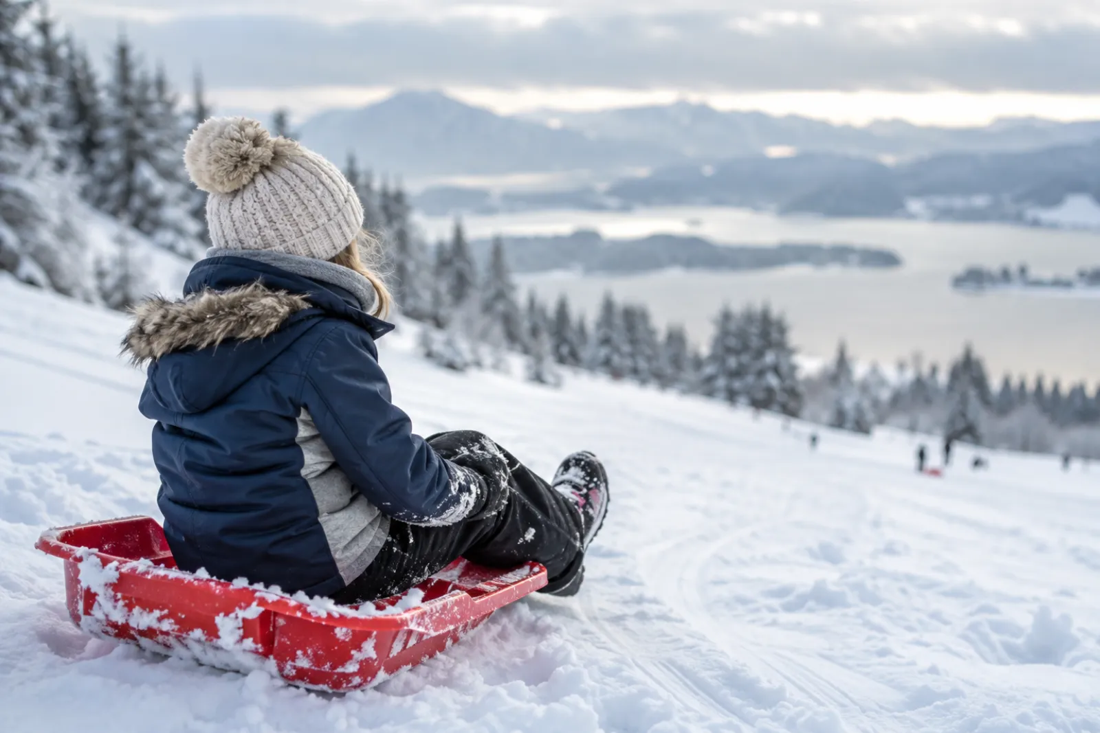 Child in snow pants sitting on a plastic sled at the bottom of a snowy hill