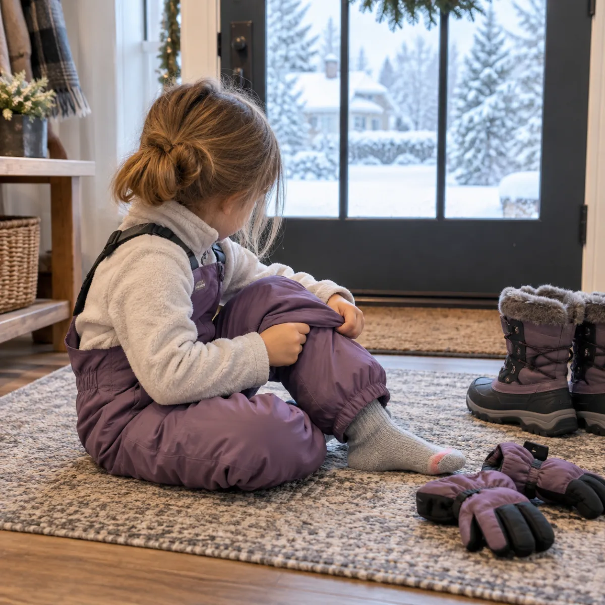 Child pulling on snow bibs in a hallway before going out to play in the snow