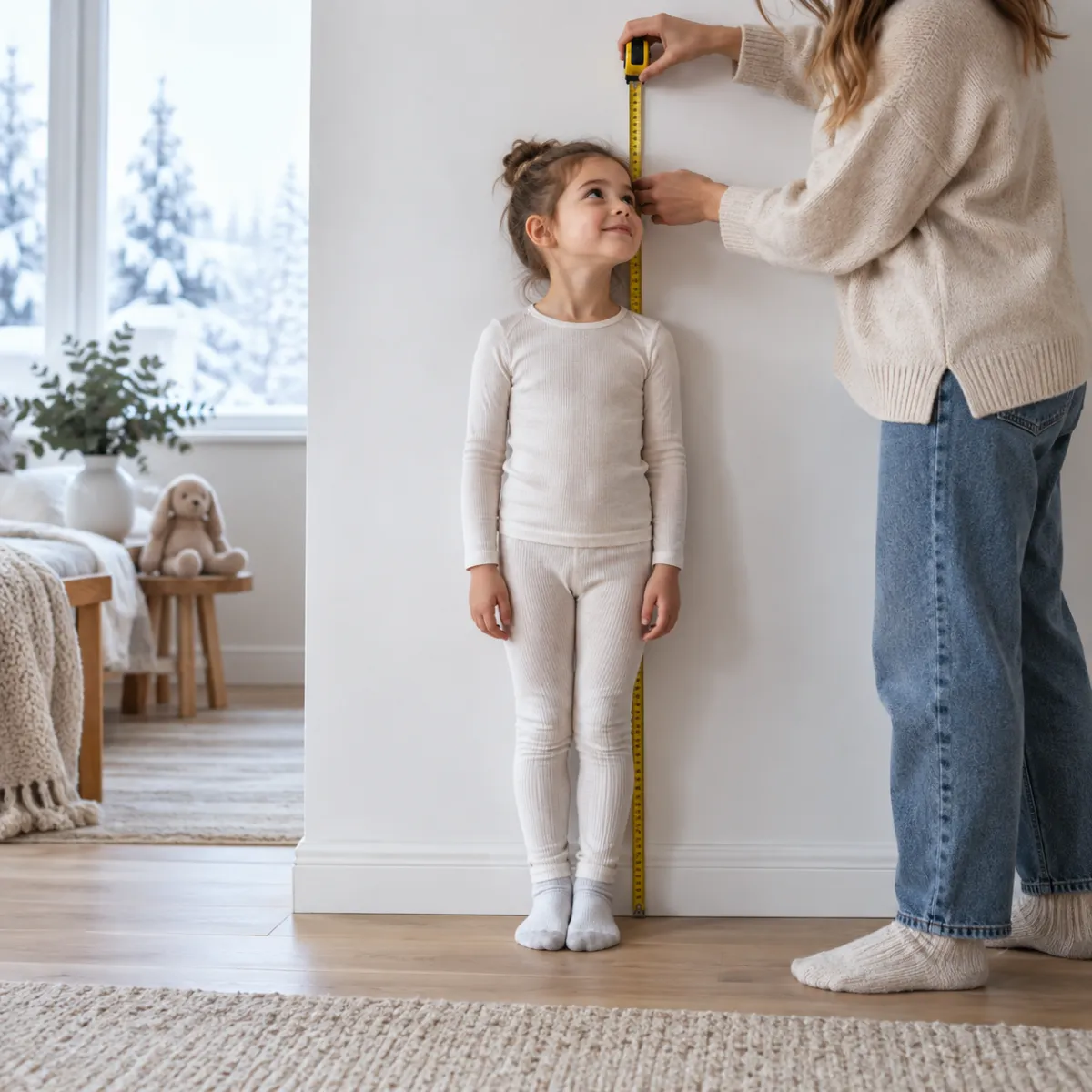 Parent measuring a child's height against a wall before buying snow pants