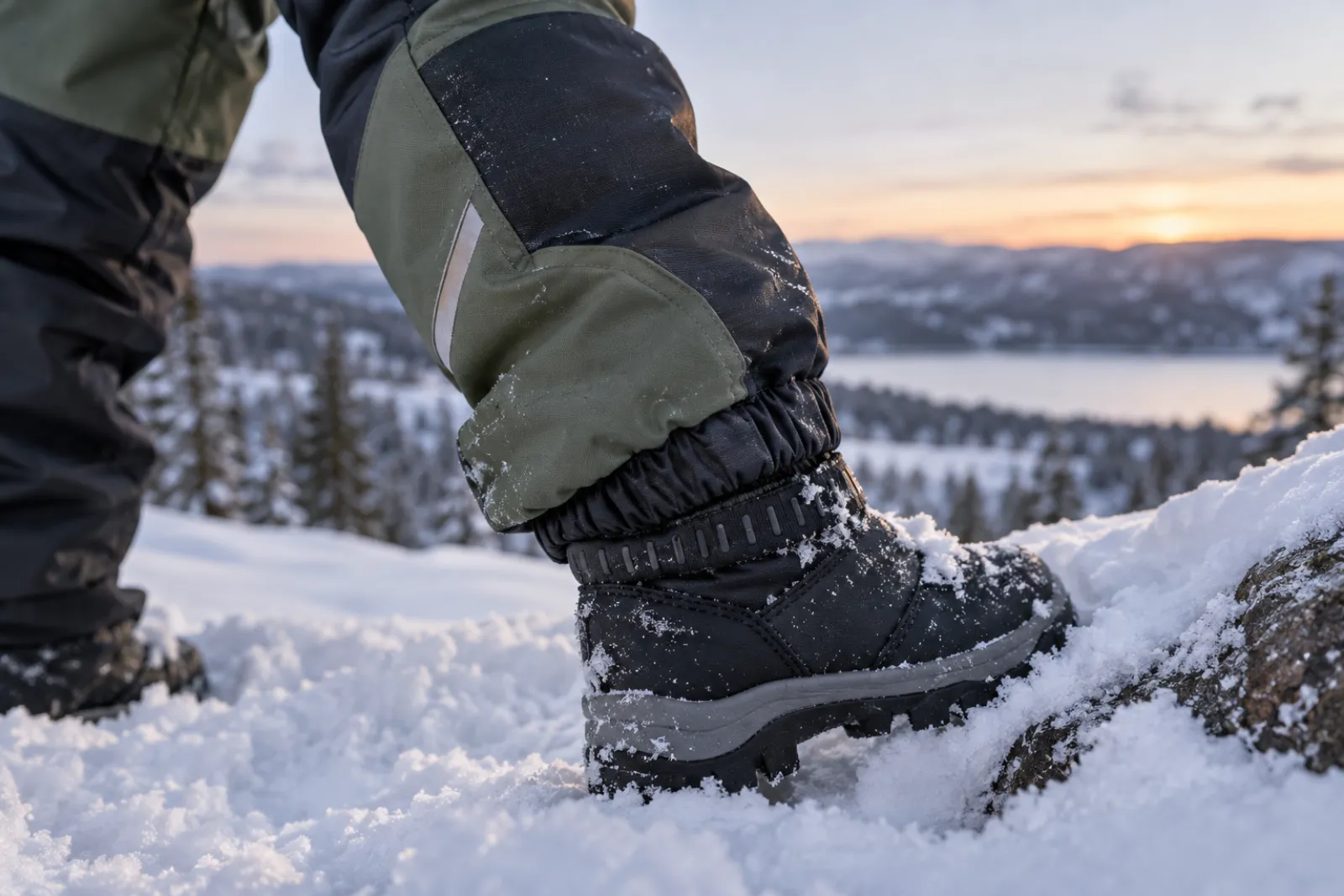 Reinforced knee panel and elastic snow cuff on the ankle of kids snow pants over a winter boot