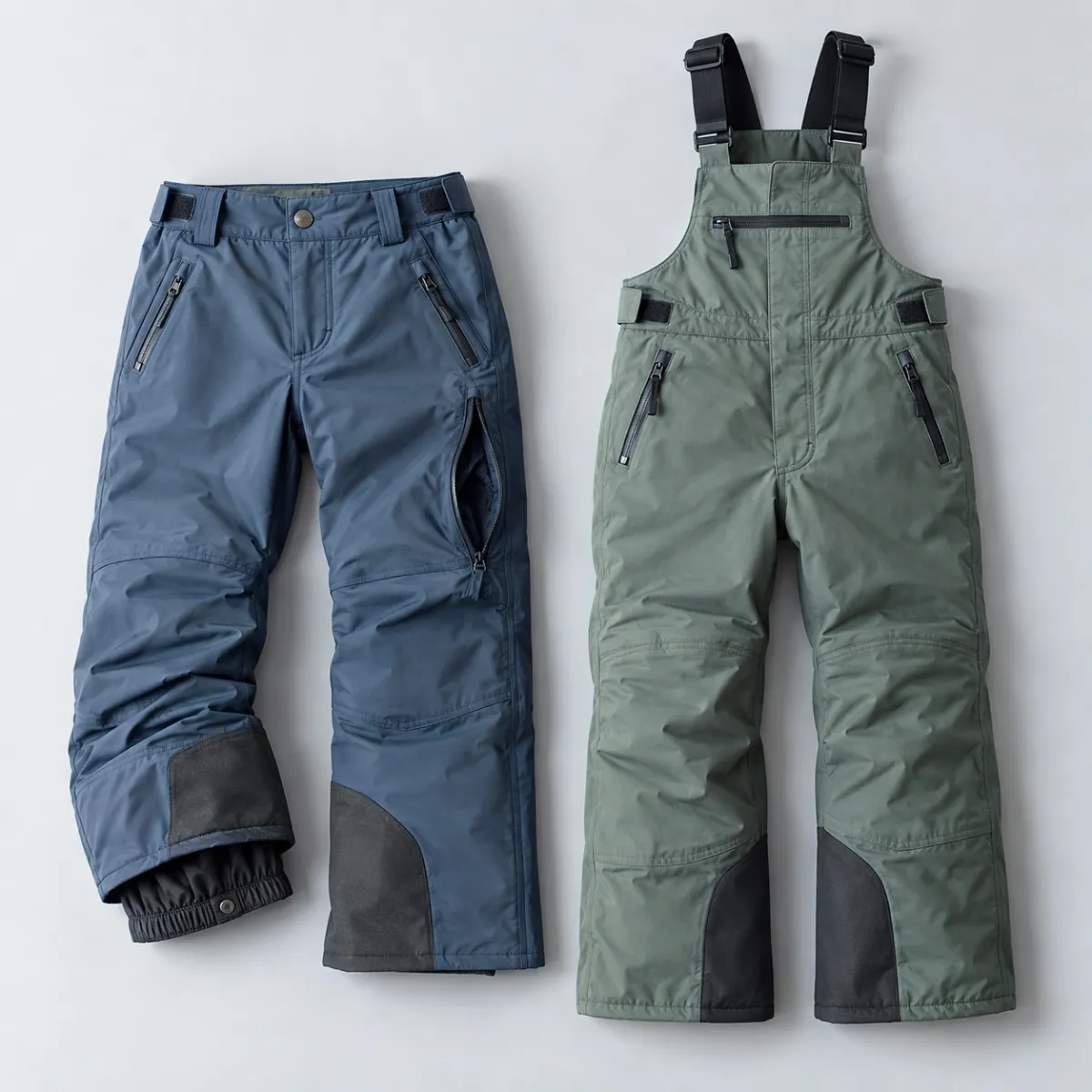 Kids ski pants and kids snow bibs laid flat side by side for comparison