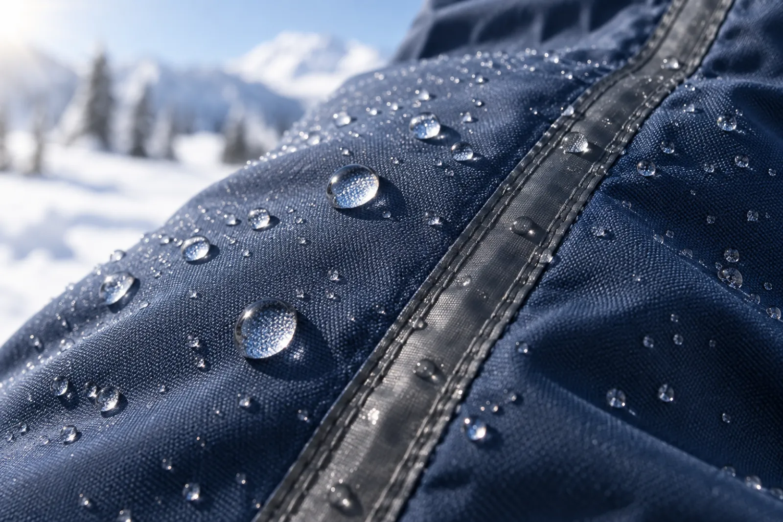 Water beading on the waterproof outer fabric of kids snow pants